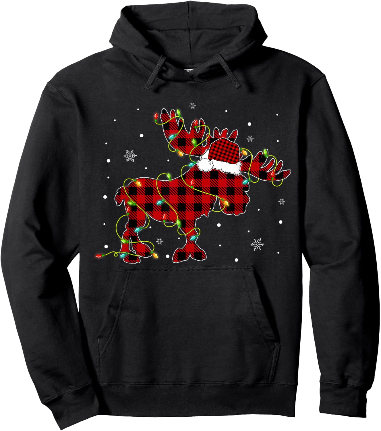 Red Buffalo Plaid Moose Santa Hat Christmas Tree Lights Xmas Hoodie - Hoodie | Black