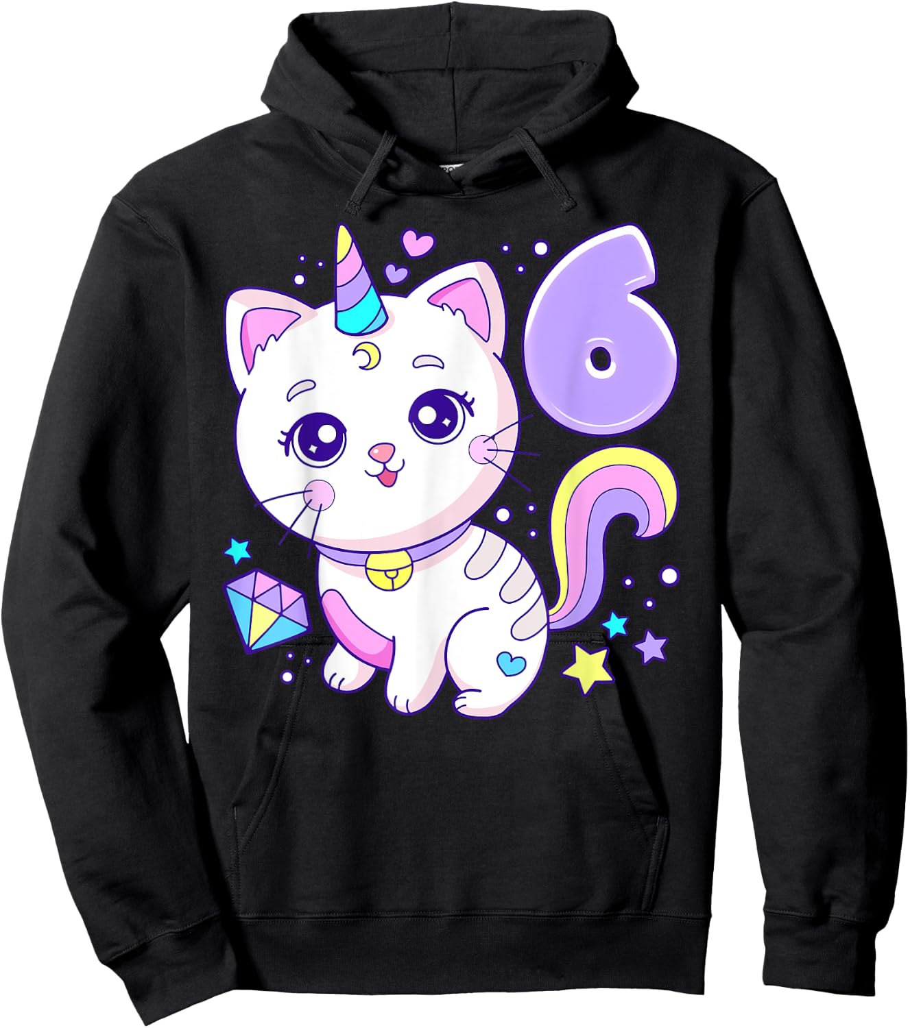 Birthday girl 6 years old, cat, unicorn, 6th birthday Hoodie - Hoodie | Black