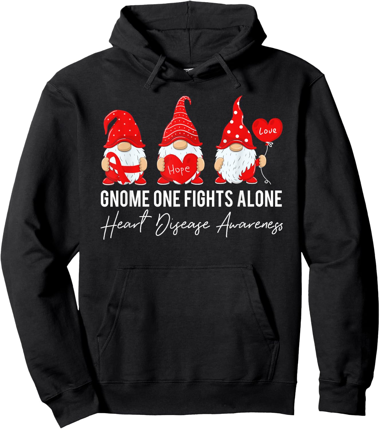 Gnome Fights Heart Disease Awareness Month Red Ribbon Hoodie - Hoodie | Black