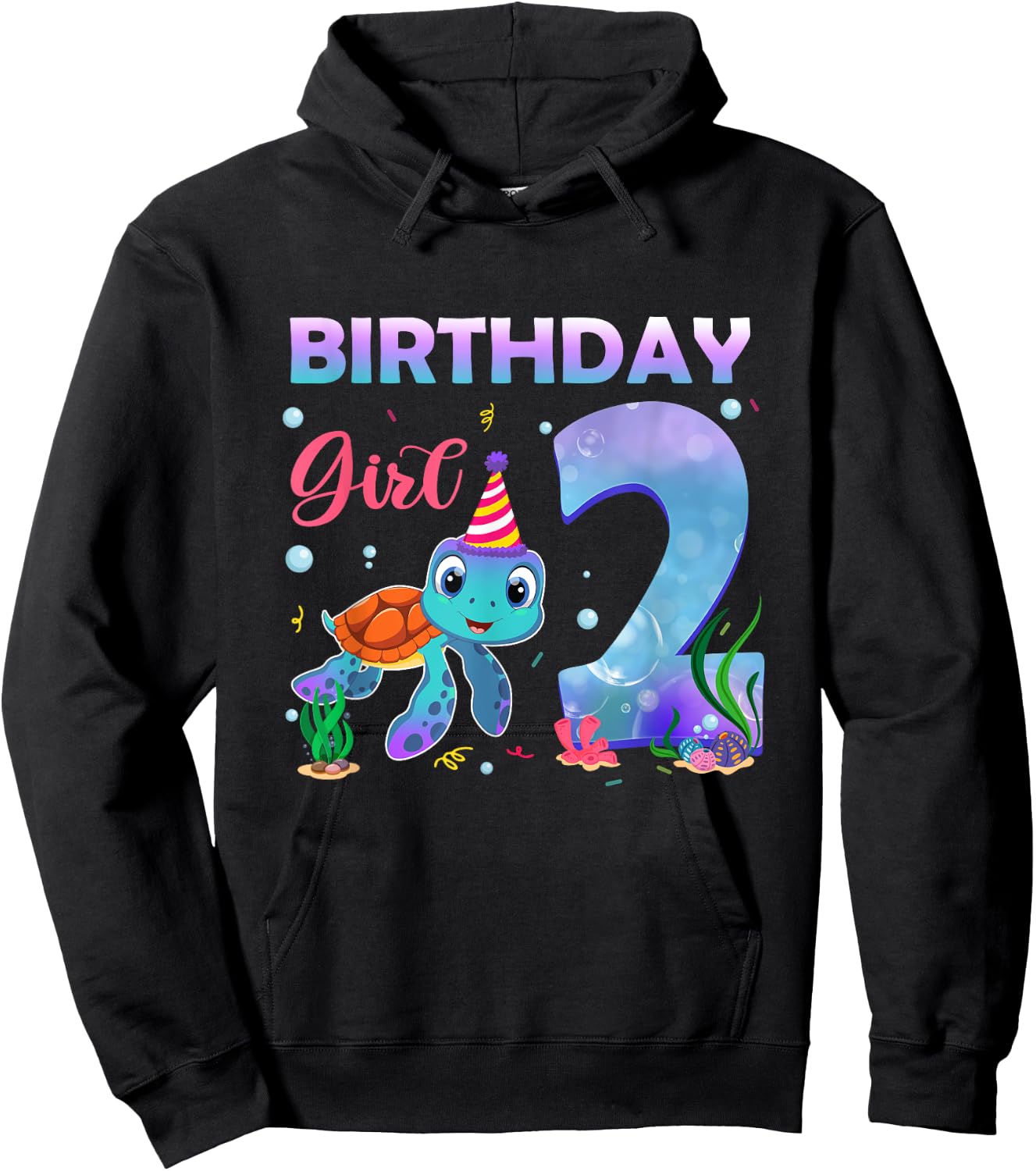 2ND Birthday Girl Sea Turtle 2 Year Old Ocean Aquarium Girls Hoodie - Hoodie | Black