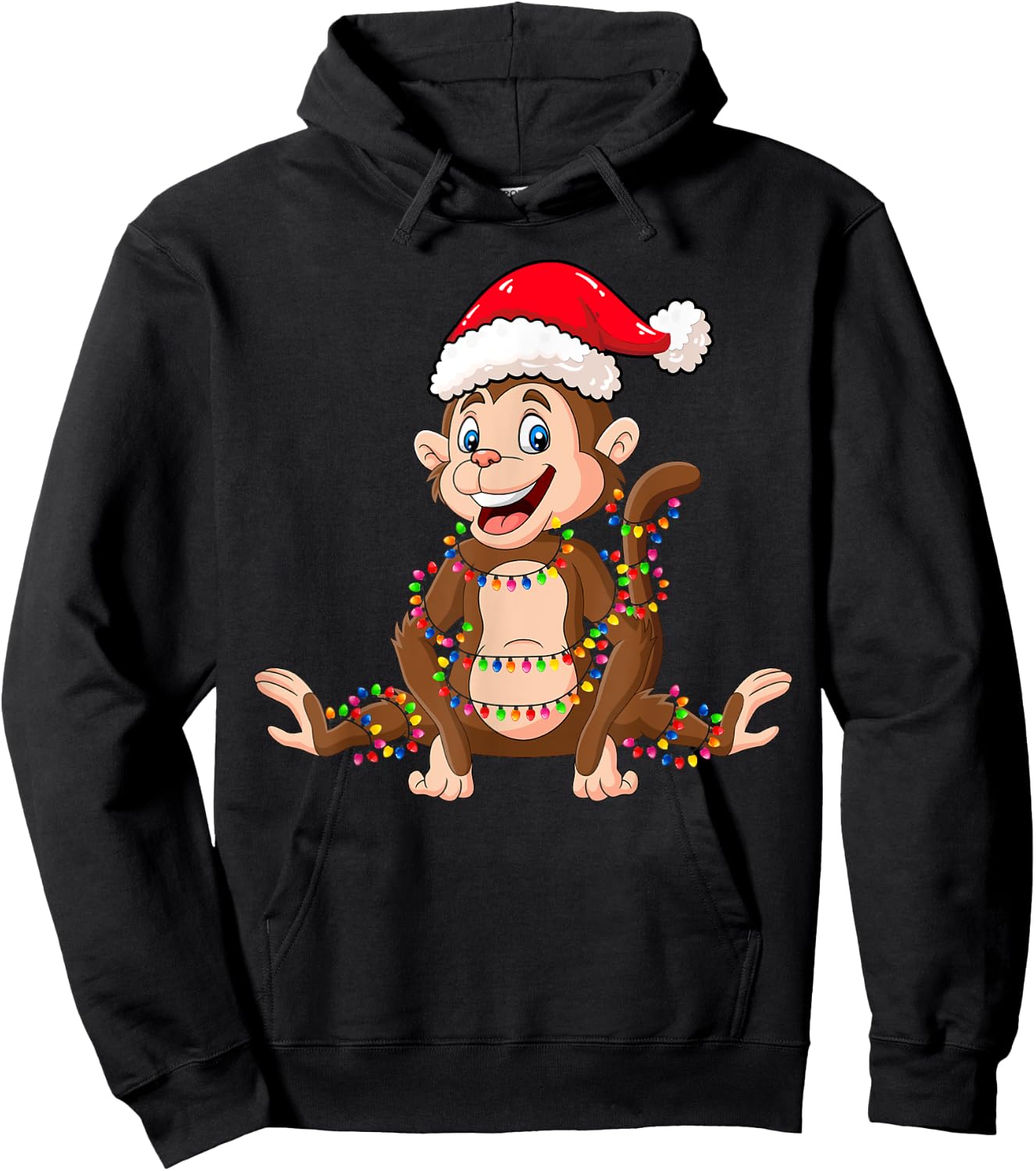 Christmas Lights Monkey Wearing Xmas Hat - Cute Monkey Lover Hoodie - Hoodie | Black