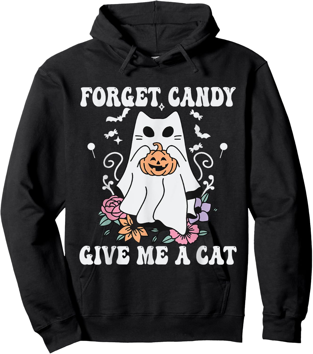 Floral Ghost Cat Halloween Forget Candy Give Me Cat Hoodie - Hoodie | Black