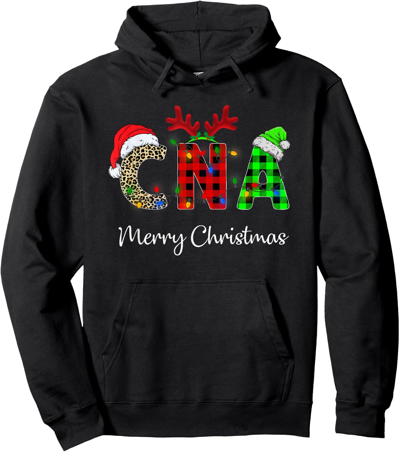 Leopard Red Plaid CNA Nursing Santa Hat Reindeer Christmas Hoodie - Hoodie | Black