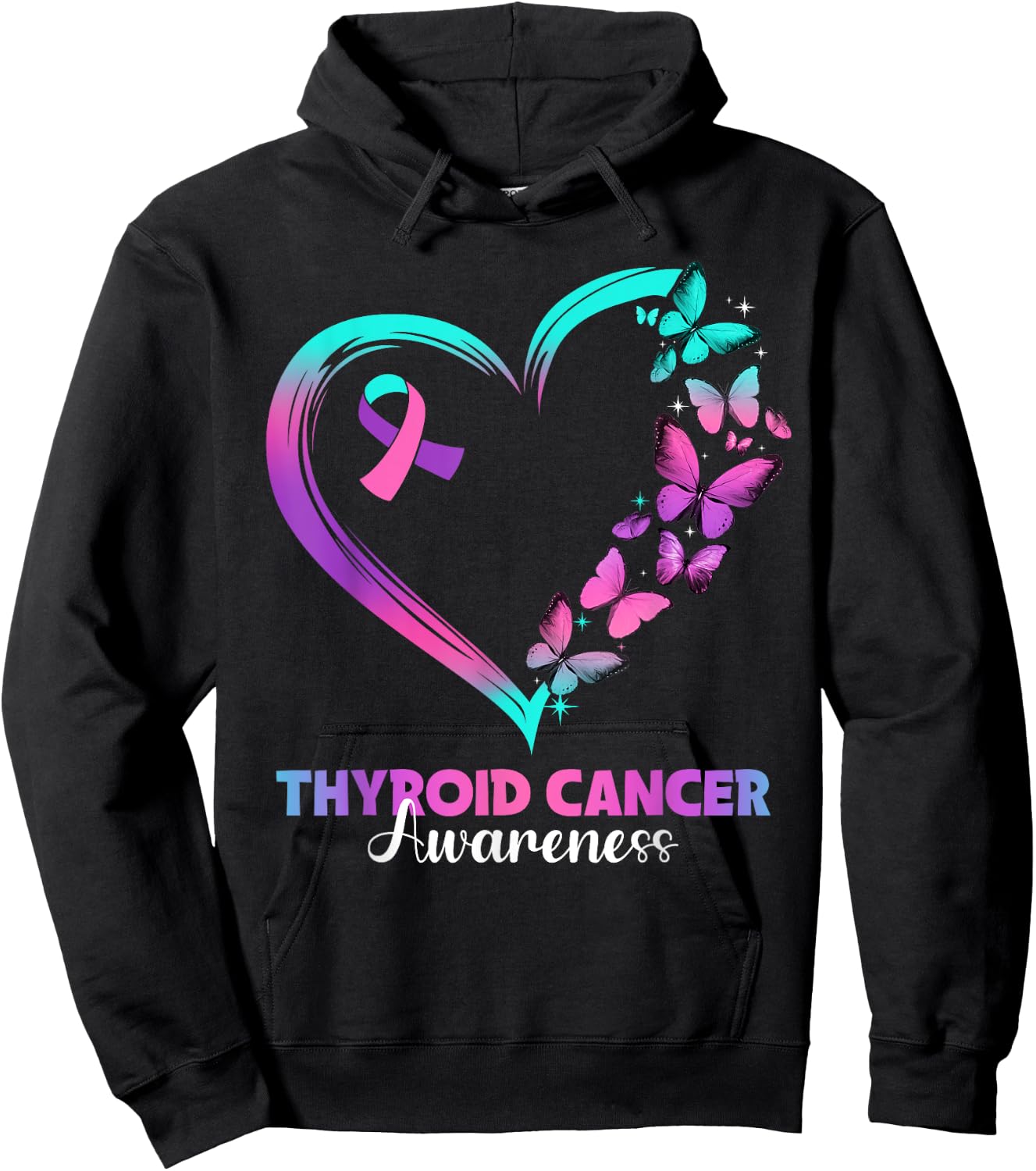 Butterfly Heart Ribbon Thyroid Cancer Awareness Warrior Hoodie - Hoodie | Black