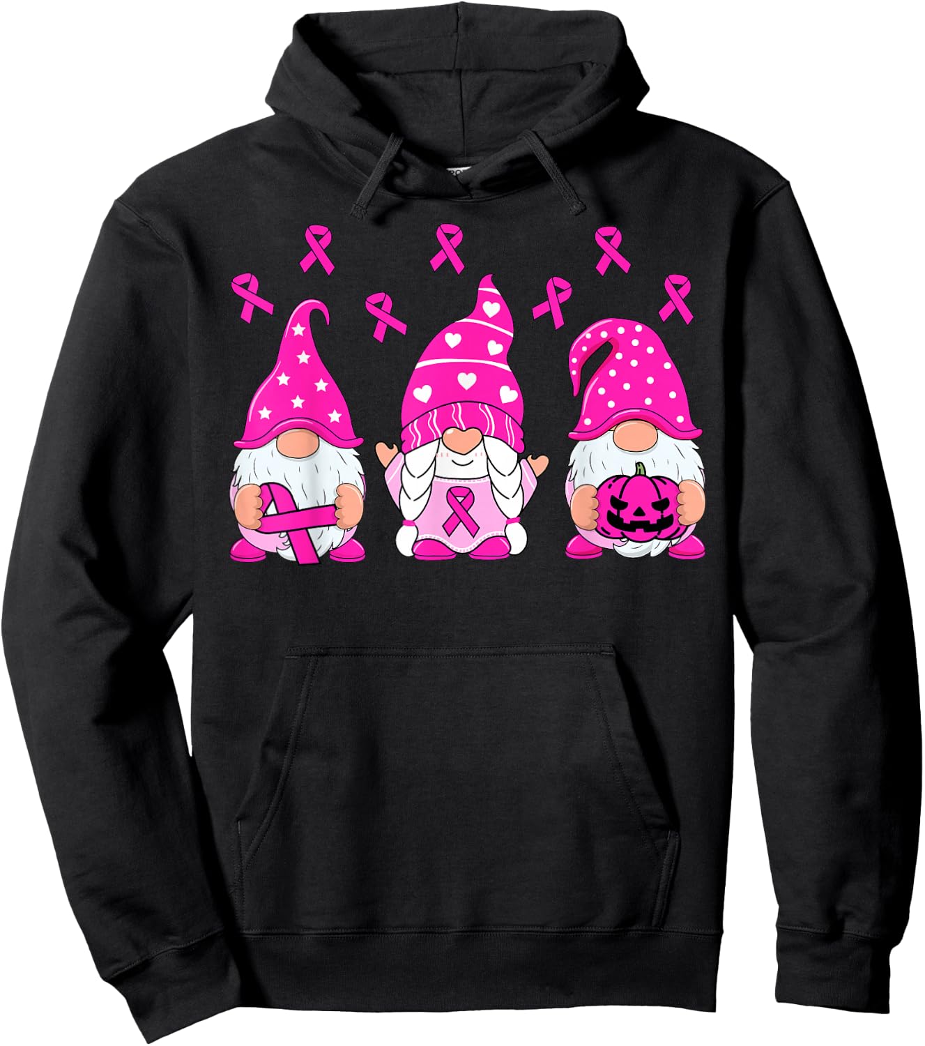 Breast Cancer Awareness Gnome Pumpkin Pink Ribbon Women Kids Hoodie - Hoodie | Black
