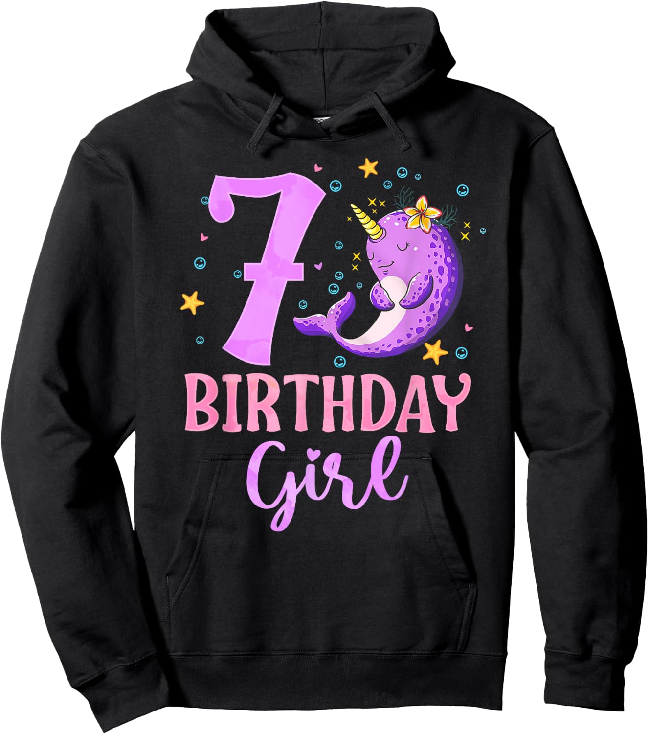 Narwhal Unicorn Of The Sea 7th Birthday Girl 7 Year Old Hoodie - Hoodie | Black
