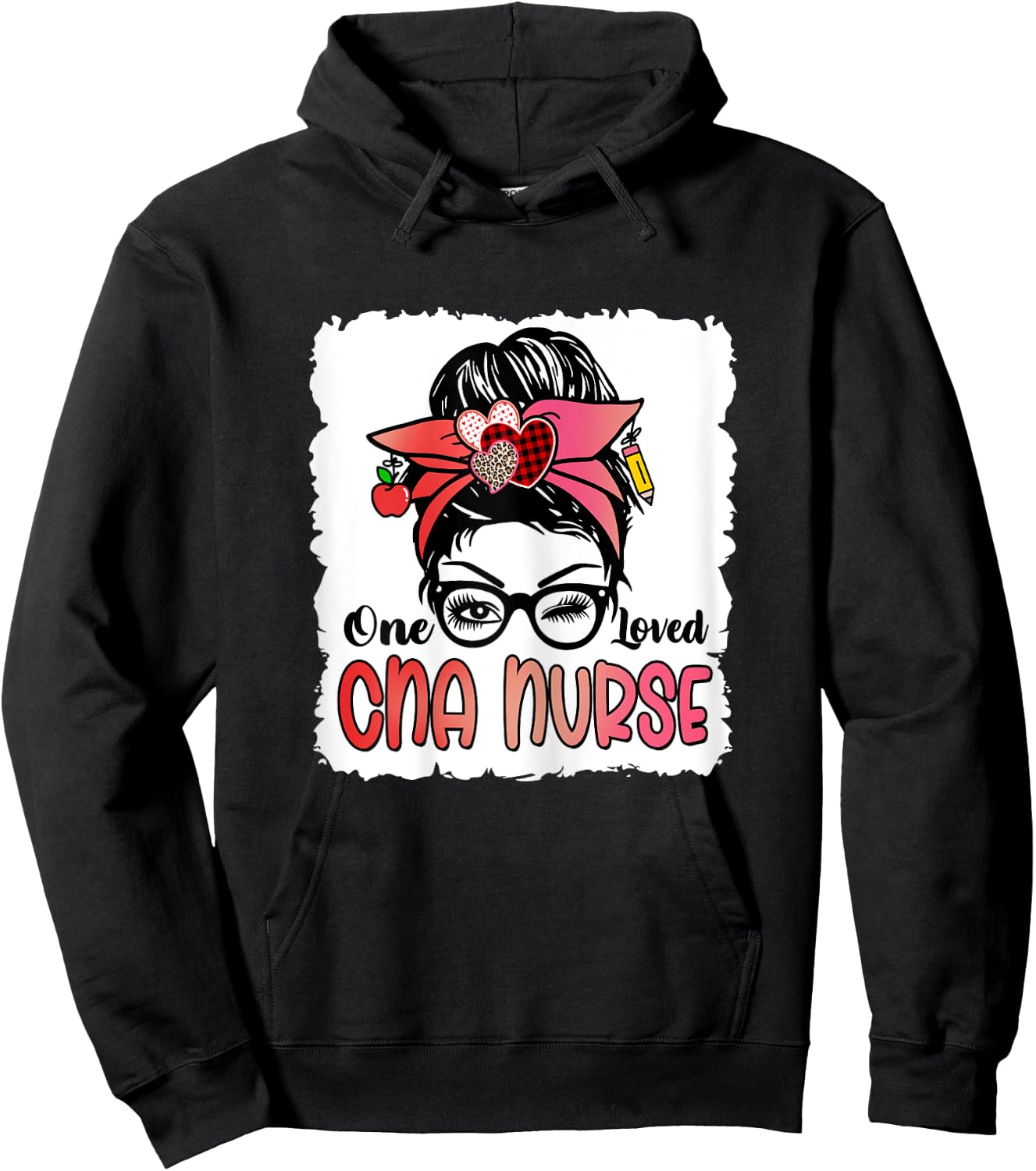 Bleached One Loved Cna Nurse Cute Valentine Messy Bun Women Hoodie - Hoodie | Black