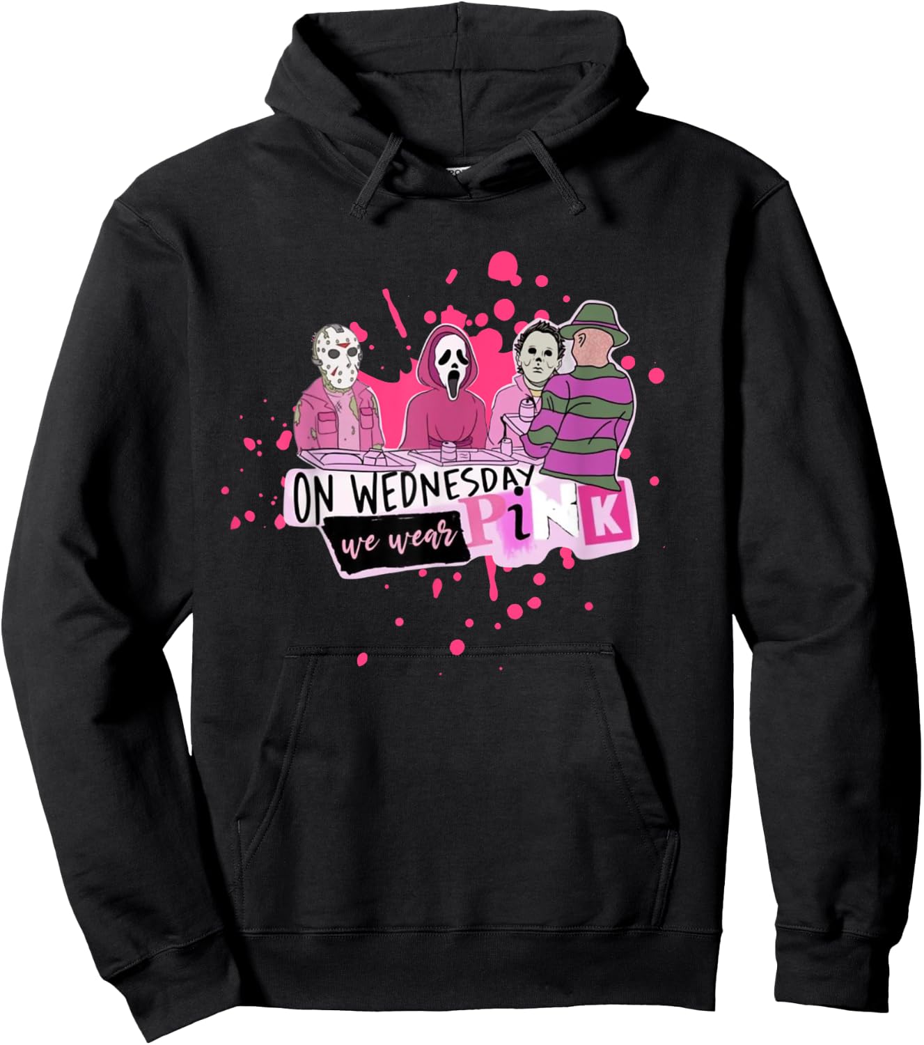 Weds. We Wear Pink Horror Villain Halloween Oct. Spooky Fun Hoodie - Hoodie | Black