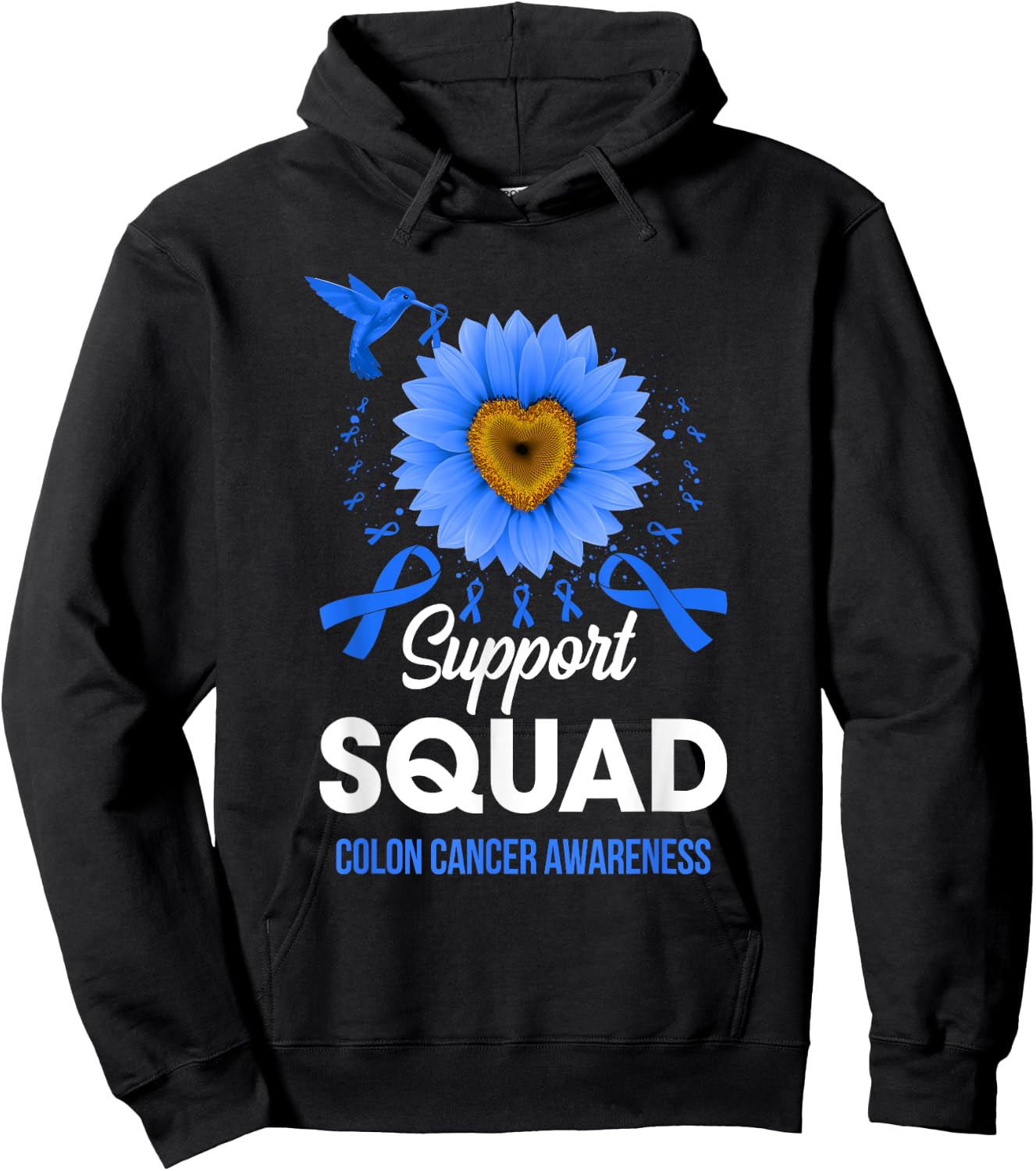 Support Squad Colon Cancer Awareness Sunflower Hummingbird Hoodie - Hoodie | Black
