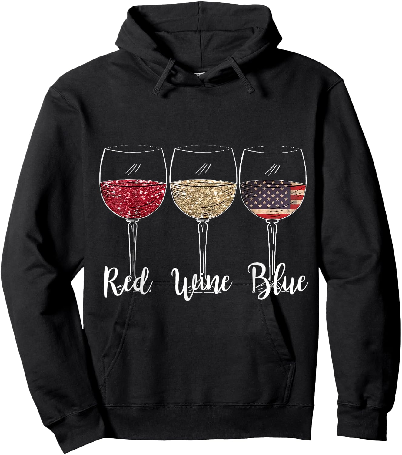 Red Wine Blue Wine Glasses USA Flag 4th of July Patriotic Women Men Hoodie - Hoodie | Black