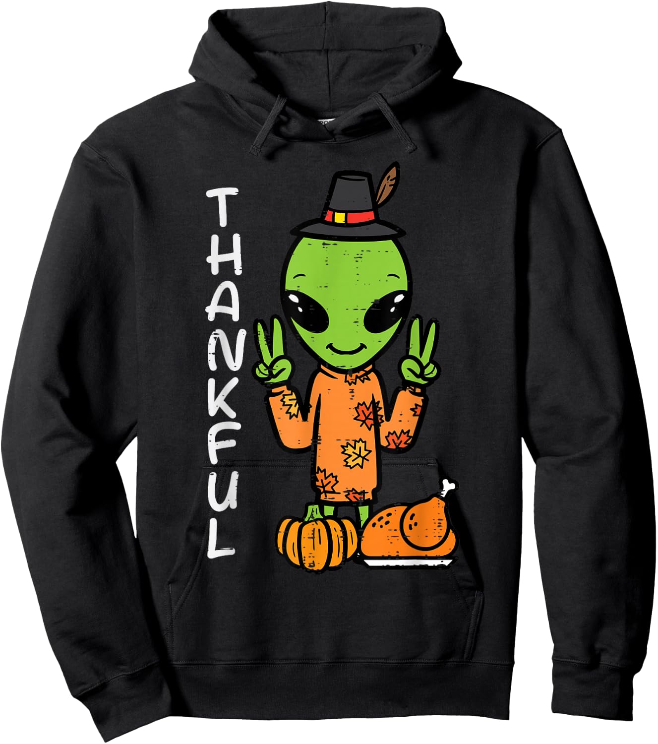 Thanksgiving Alien Peace Thankful Fall Space Kids Men Women Hoodie - Hoodie | Black