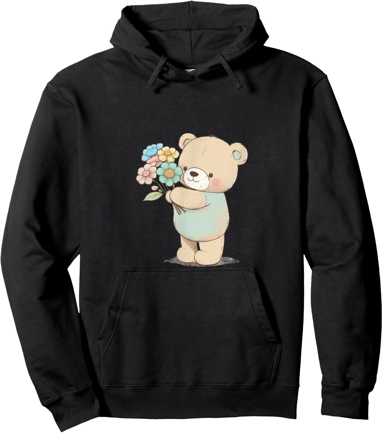Cartoon Bear with Flowers Hoodie - Hoodie | Black