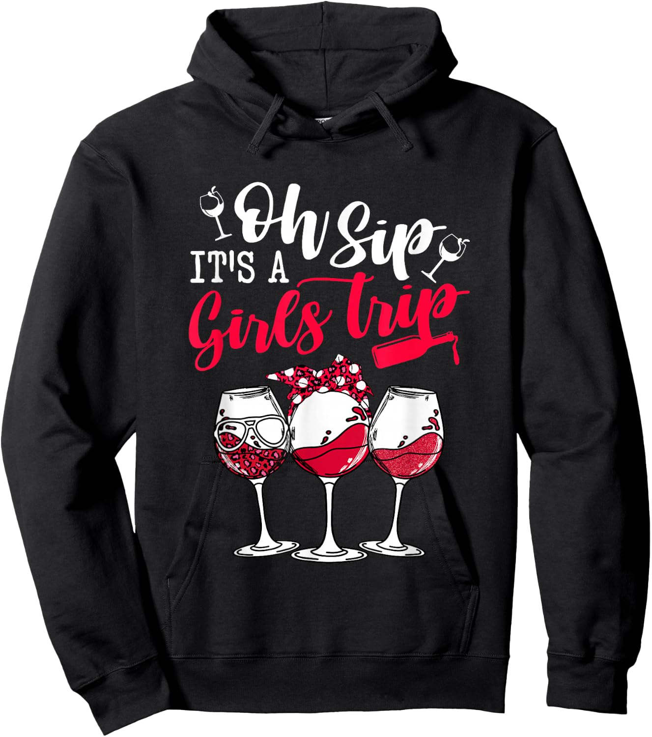 Oh Sip It's A Girls Trip Leopard Print Wine Glasses Party Hoodie - Hoodie | Black