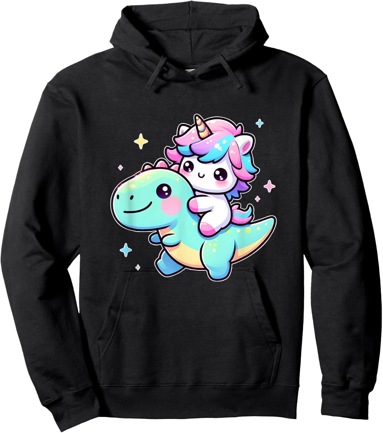 Adorable Kawaii Unicorn Rides Dinosaur Hoodie - Hoodie | Black