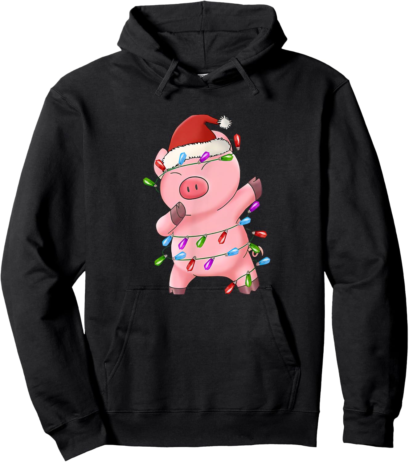 Dabbing Pig Santa Hat Christmas Tree Lights Funny Xmas Hoodie - Hoodie | Black