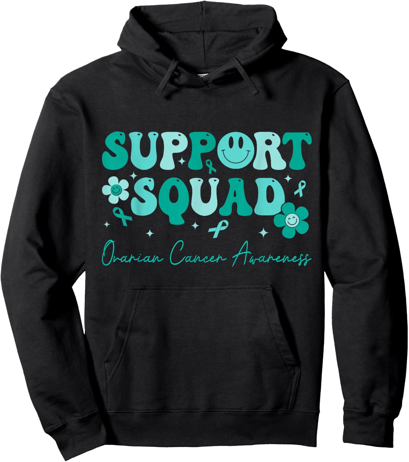 Groovy Support Squad Teal Ribbon Ovarian Cancer Awareness Hoodie - Hoodie | Black