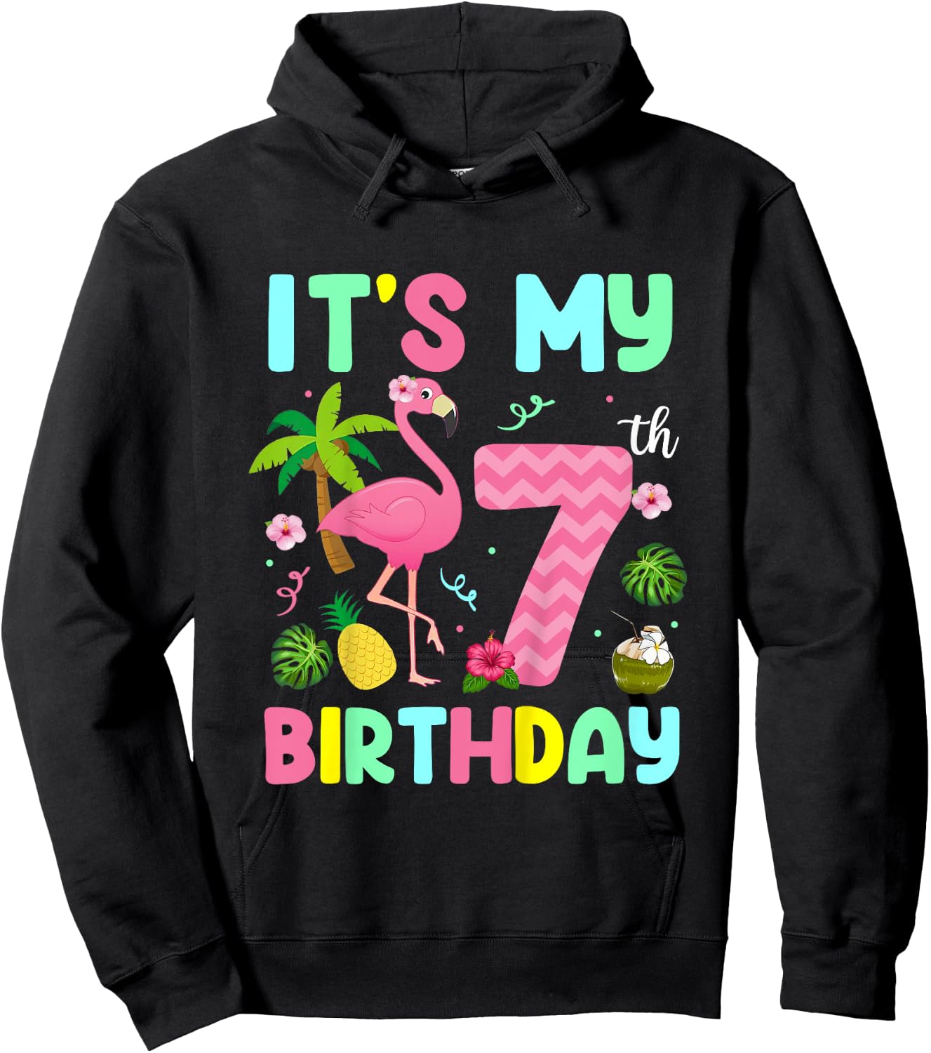 It's My 7th Birthday Flamingo Shirt Hawaii 7 Yrs Old Girl Hoodie - Hoodie | Black