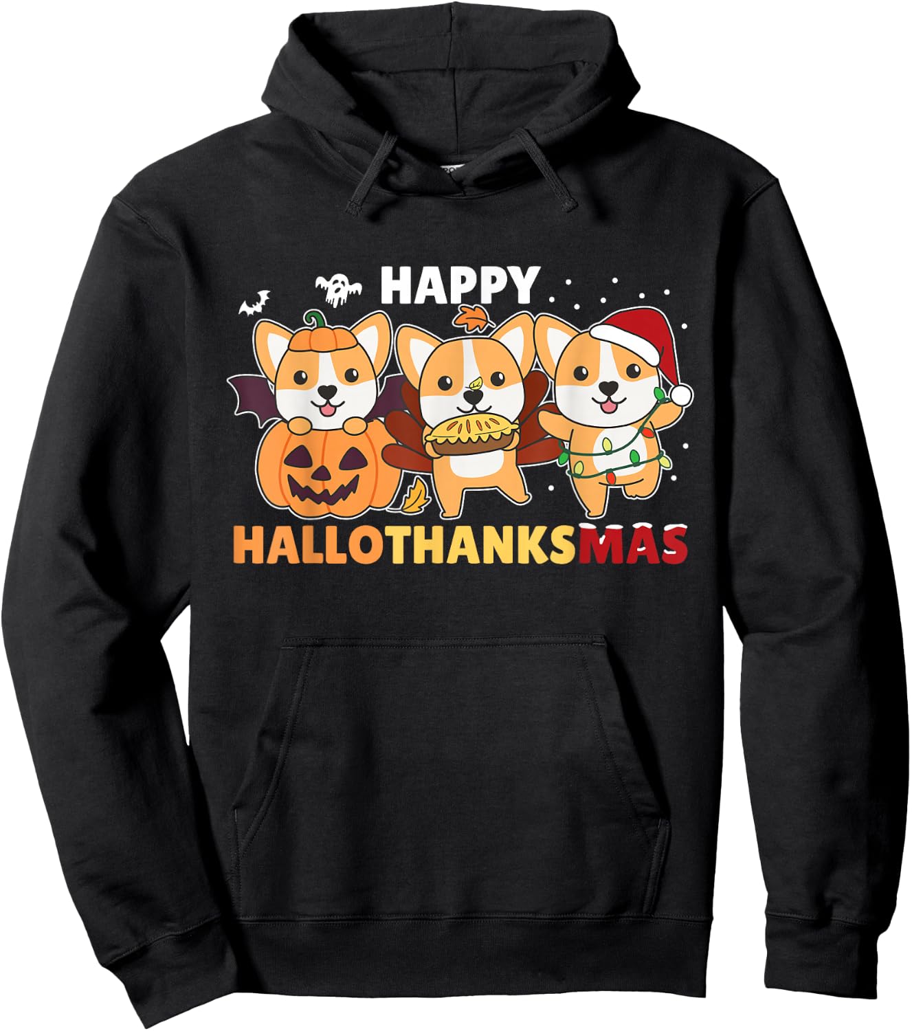 Corgi Christmas Halloween Costume Happy Hallothanksmas Hoodie - Hoodie | Black