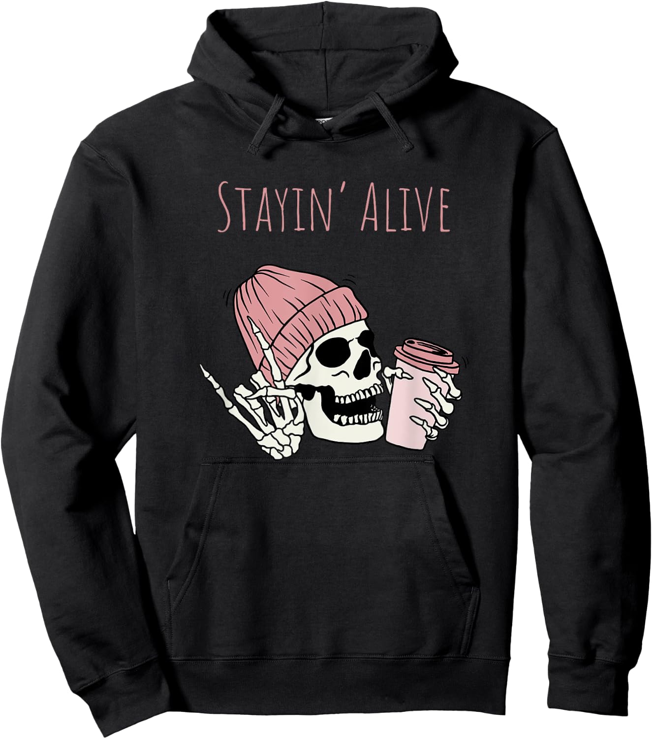 October Halloween Coffee Drinking Skeleton Stayin Alive Hoodie - Hoodie | Black