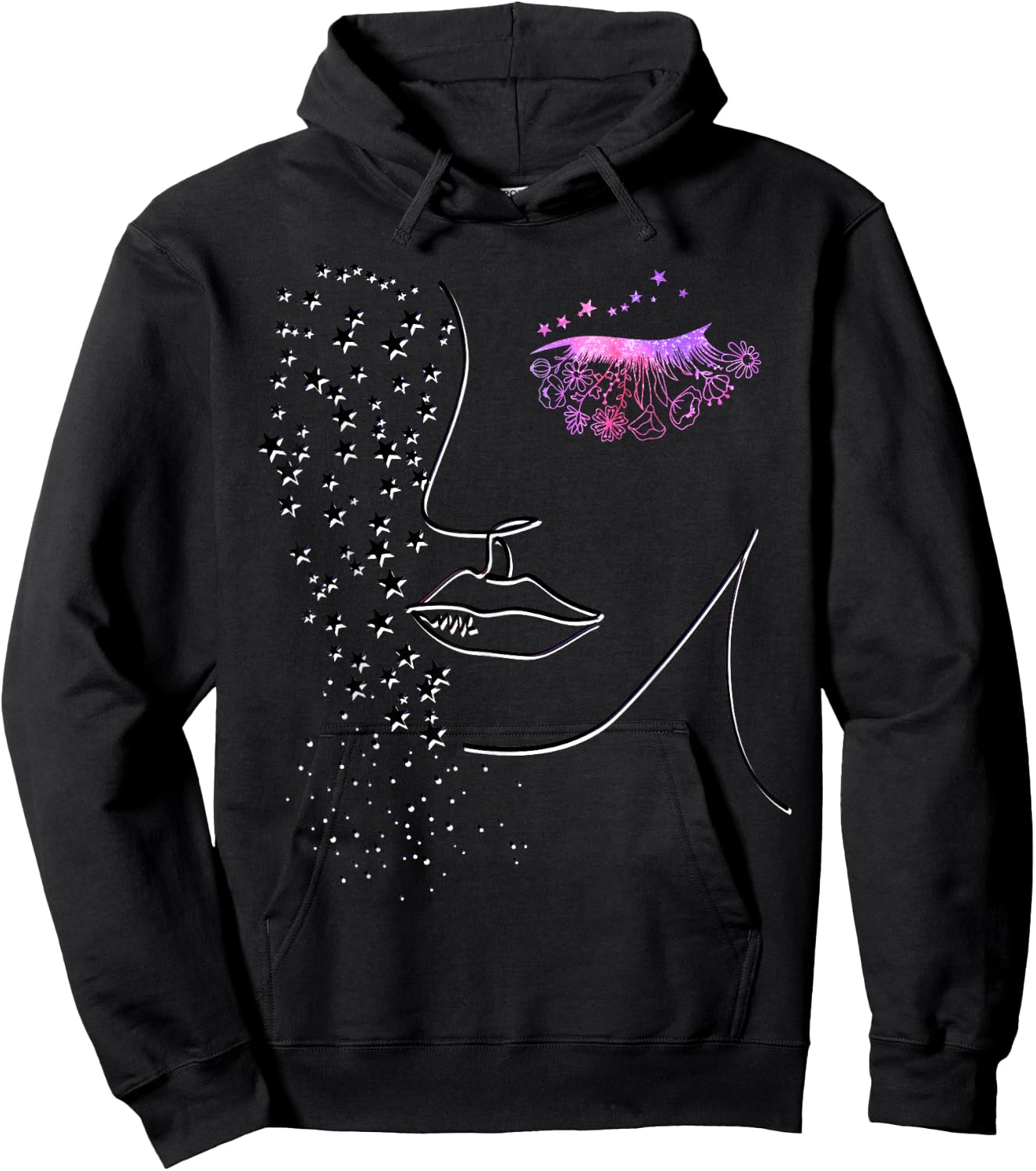 Female Minimalist Face Art - Pink Flower Eye Lashes & Stars Hoodie - Hoodie | Black