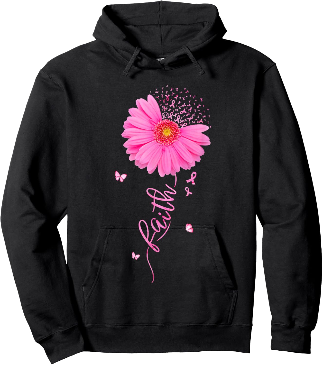 Faith Pink Ribbon Daisy Flower Breast Cancer Awareness Women Hoodie - Hoodie | Black
