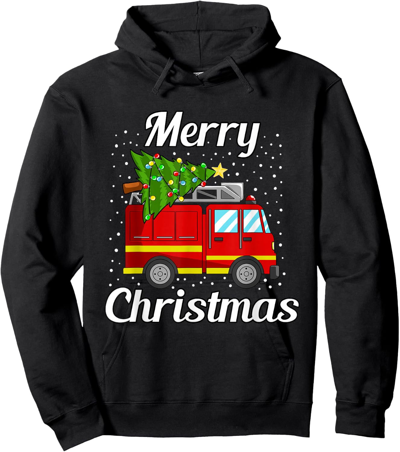 Merry Christmas Tree Firetruck Pajama Firefighter Fireman Hoodie - Hoodie | Black