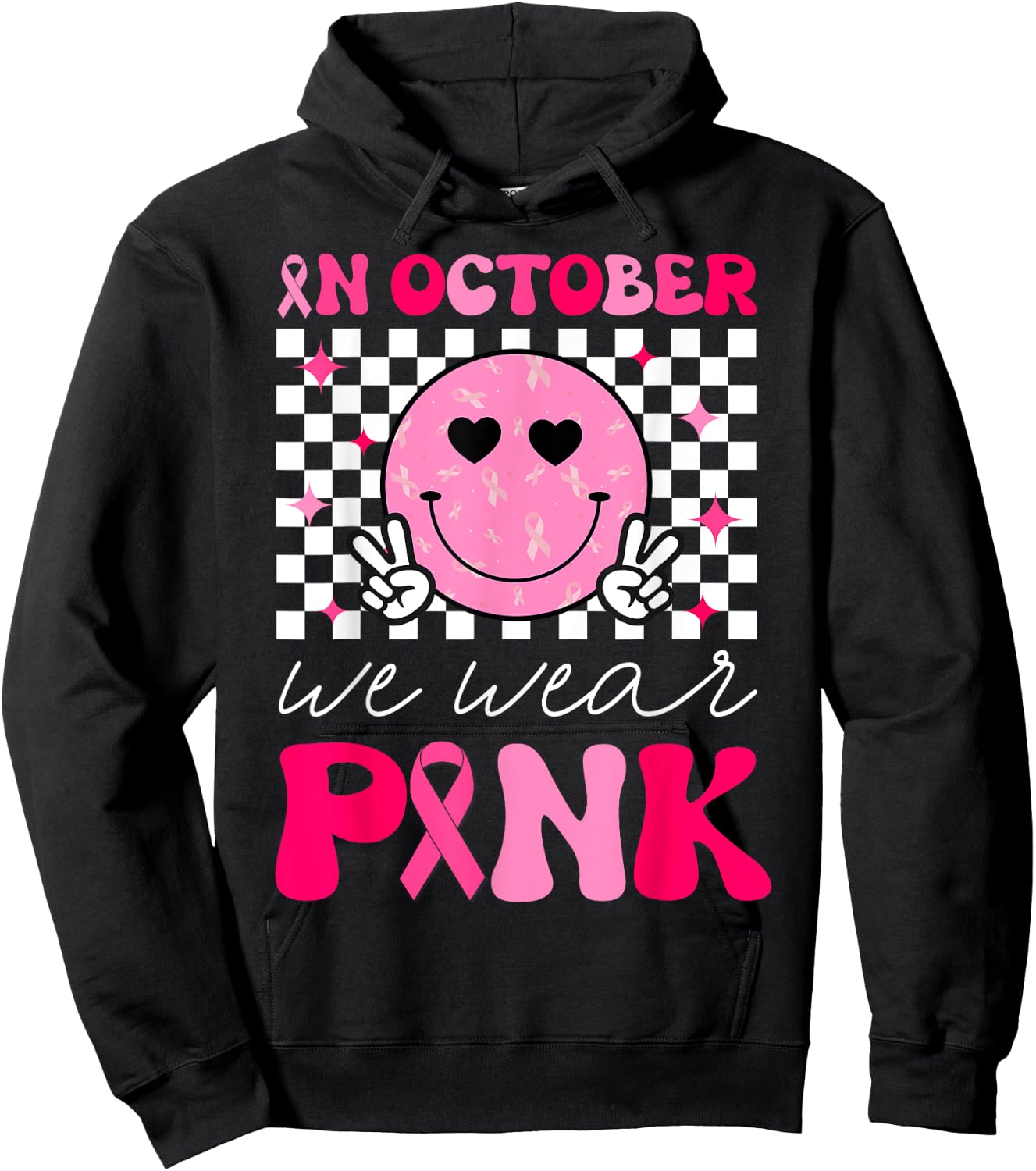 Groovy Breast Cancer Awareness In October We Wear Pink Hoodie - Hoodie | Black