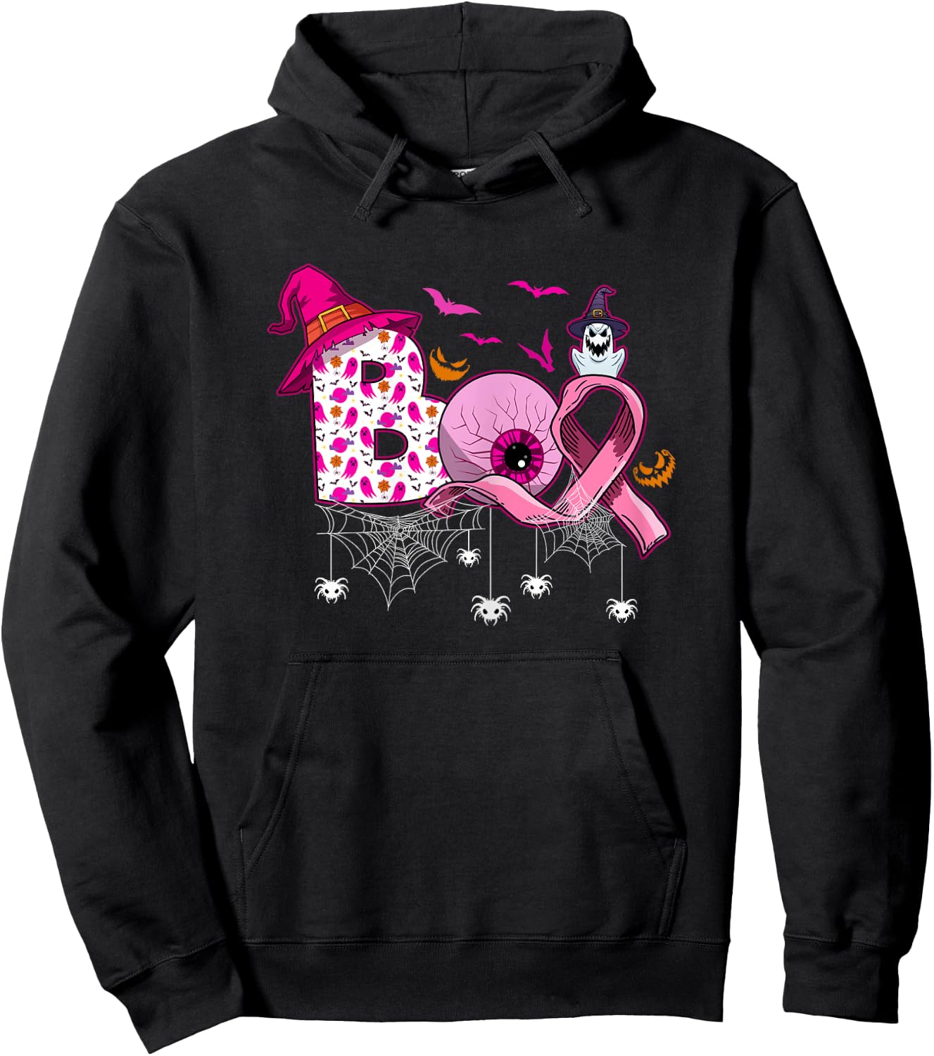 Boo Halloween Pumpkin Pink Ribbon Witch Breast Cancer Hoodie - Hoodie | Black