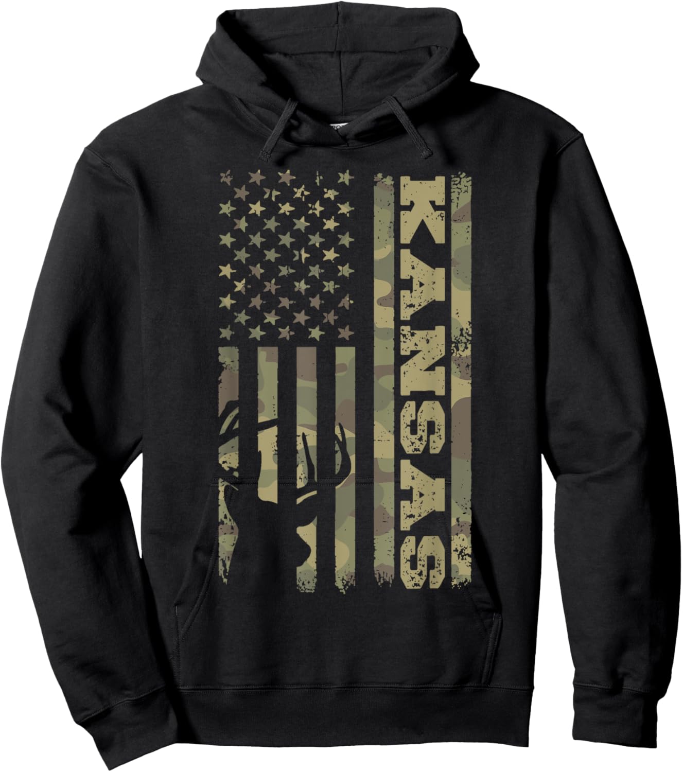 Kansas Deer Hunter Vintage Deer Hunting Camo USA Flag Hoodie - Hoodie | Black