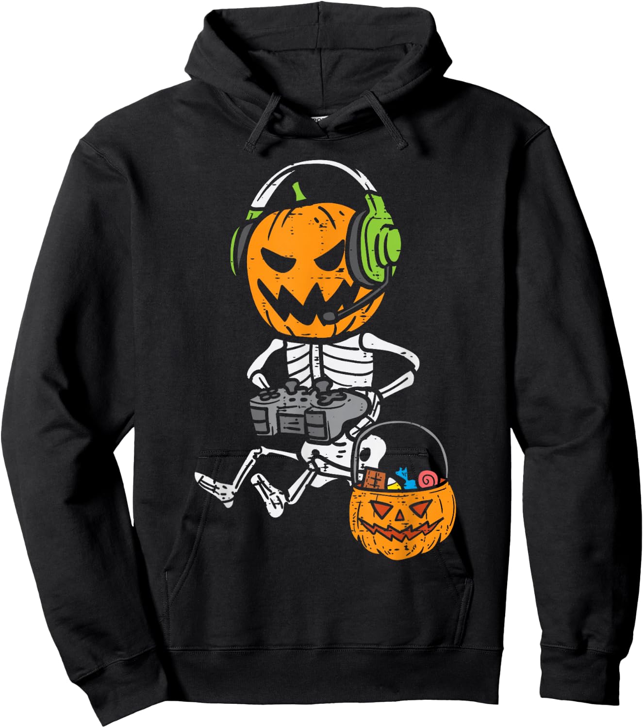 Gamer Pumpkin Skeleton Funny Halloween Gaming Boys Men Kids Hoodie - Hoodie | Black