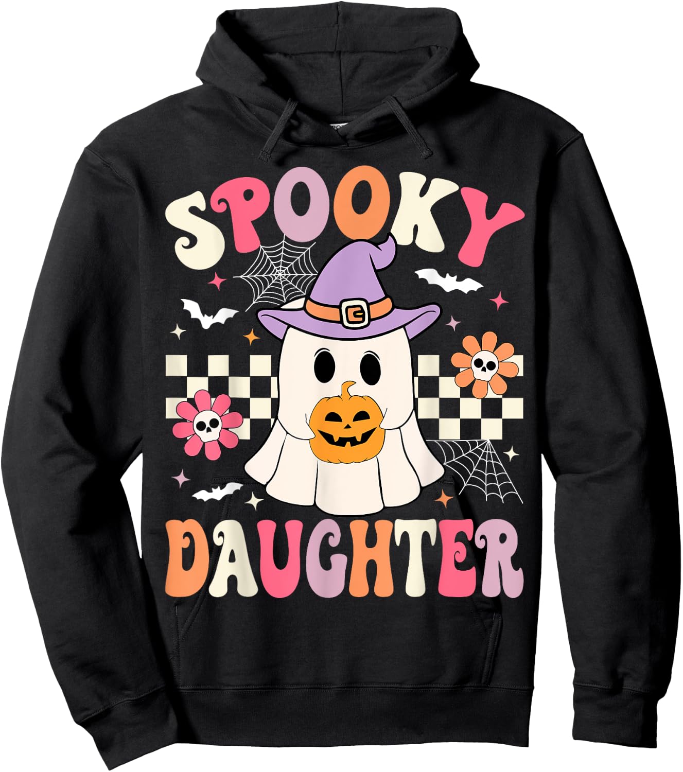 Groovy Spooky Daughter Retro Ghost Holding Pumpkin Halloween Hoodie - Hoodie | Black