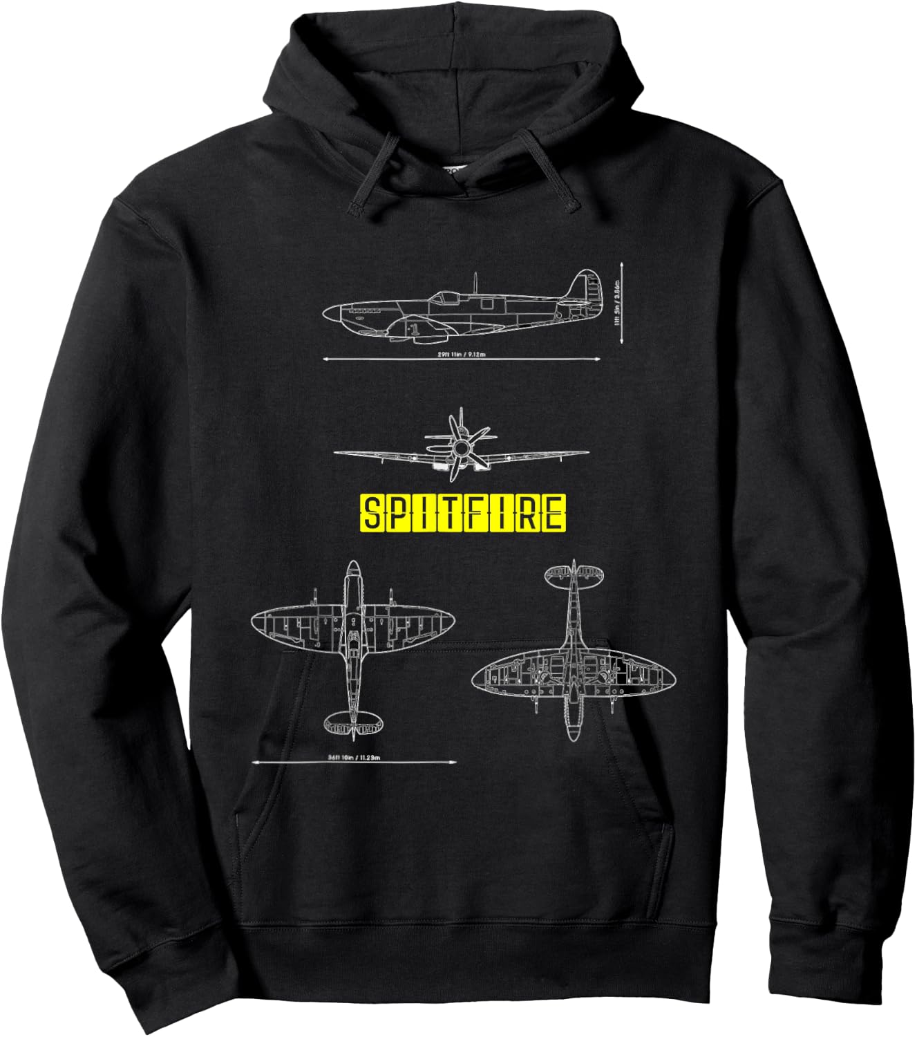 Spitfire Iconic British Airplane Blueprint Design Hoodie - Hoodie | Black