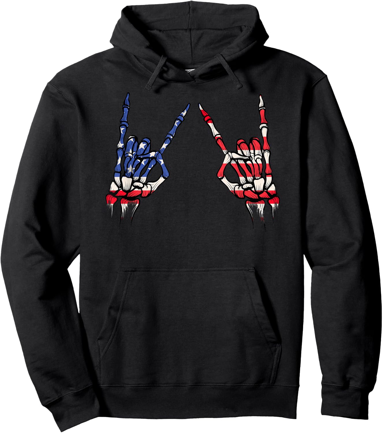 Patriotic USA Flag Skeleton Rock On Devil Horns 4th of July Hoodie - Hoodie | Black