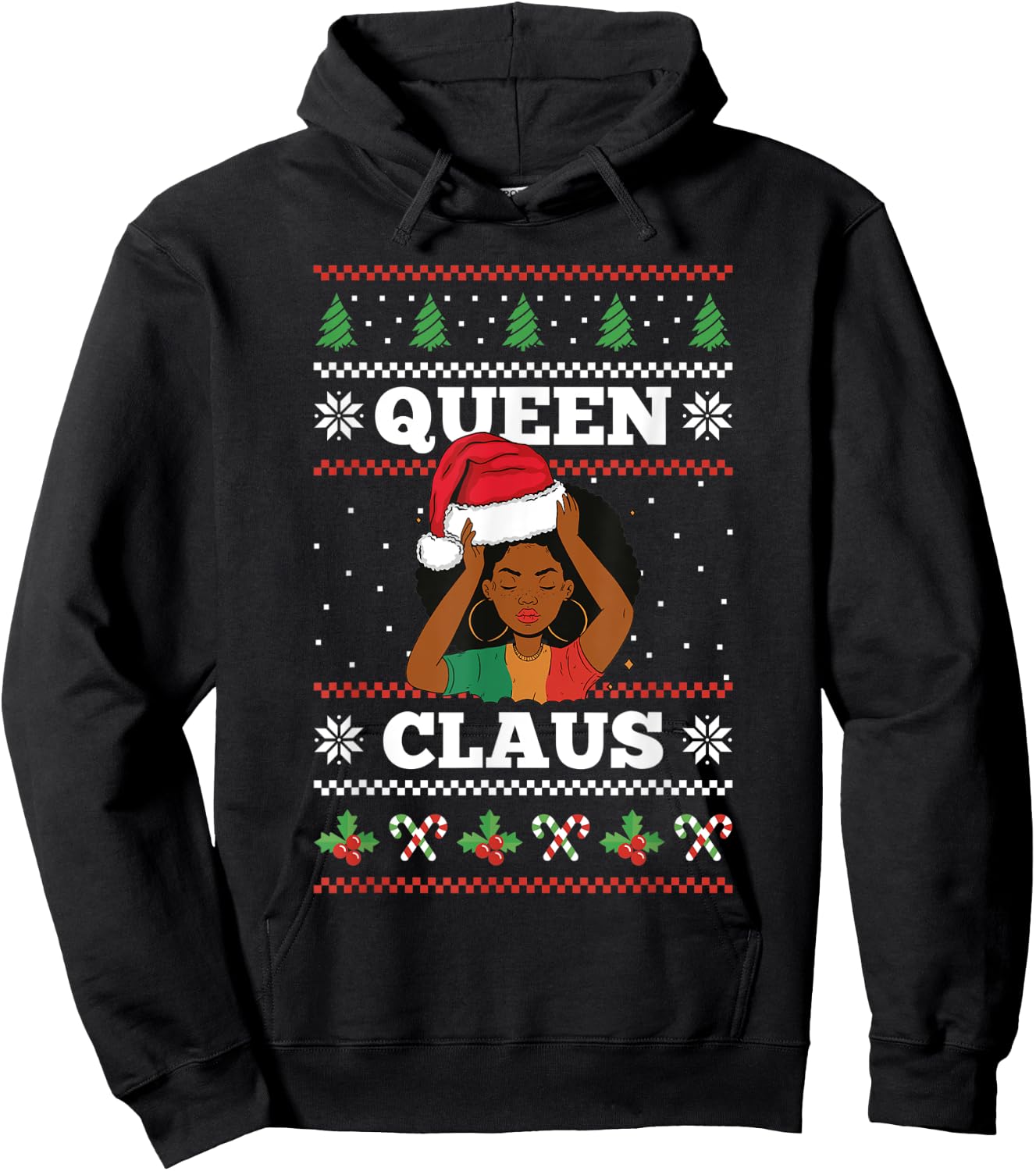 Queen Claus Afro African American Santa Women Ugly Christmas Hoodie - Hoodie | Black