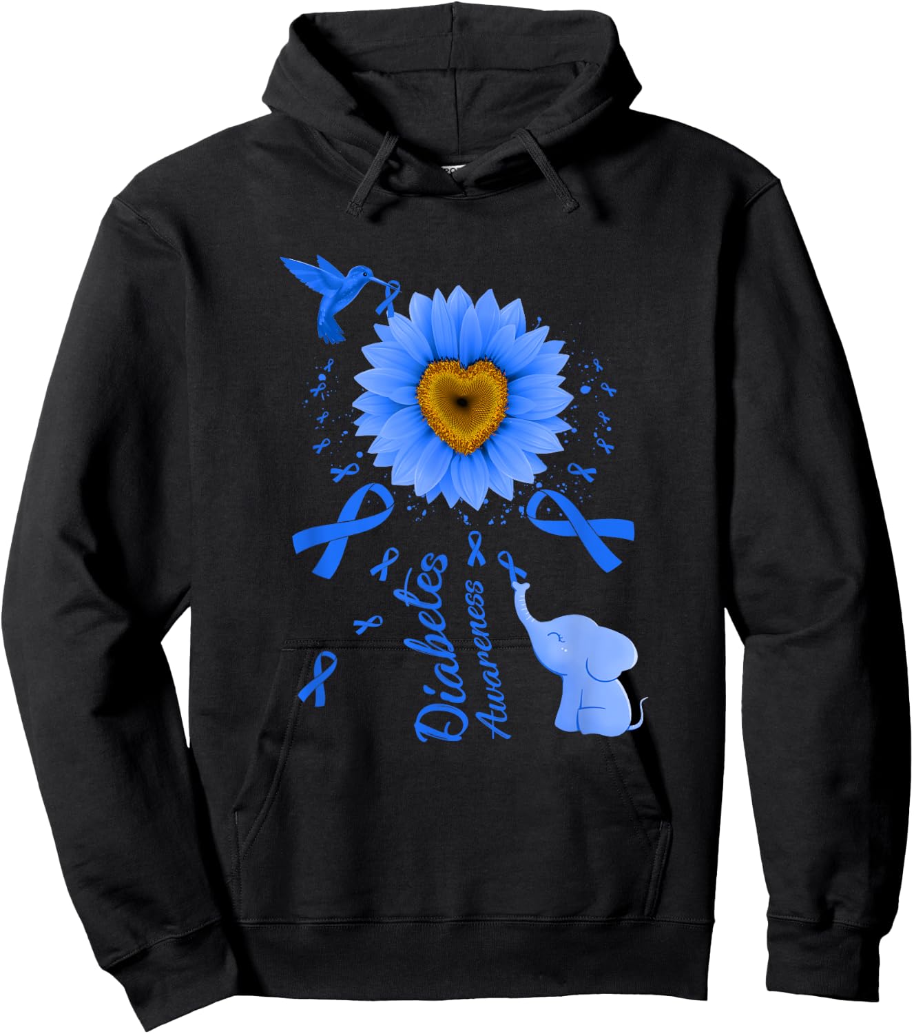 Sunflower Hummingbird Elephant Diabetes Awareness Hoodie - Hoodie | Black