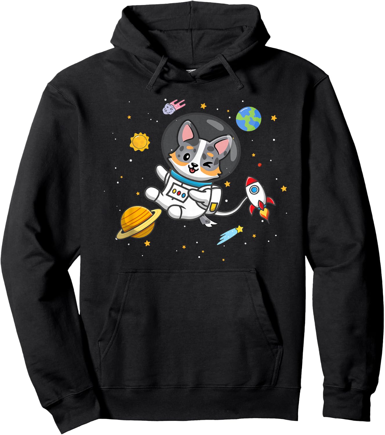 Funny Kawaii Kid Boys Space Astronaut Blue Merle Corgi Lover Hoodie - Hoodie | Black