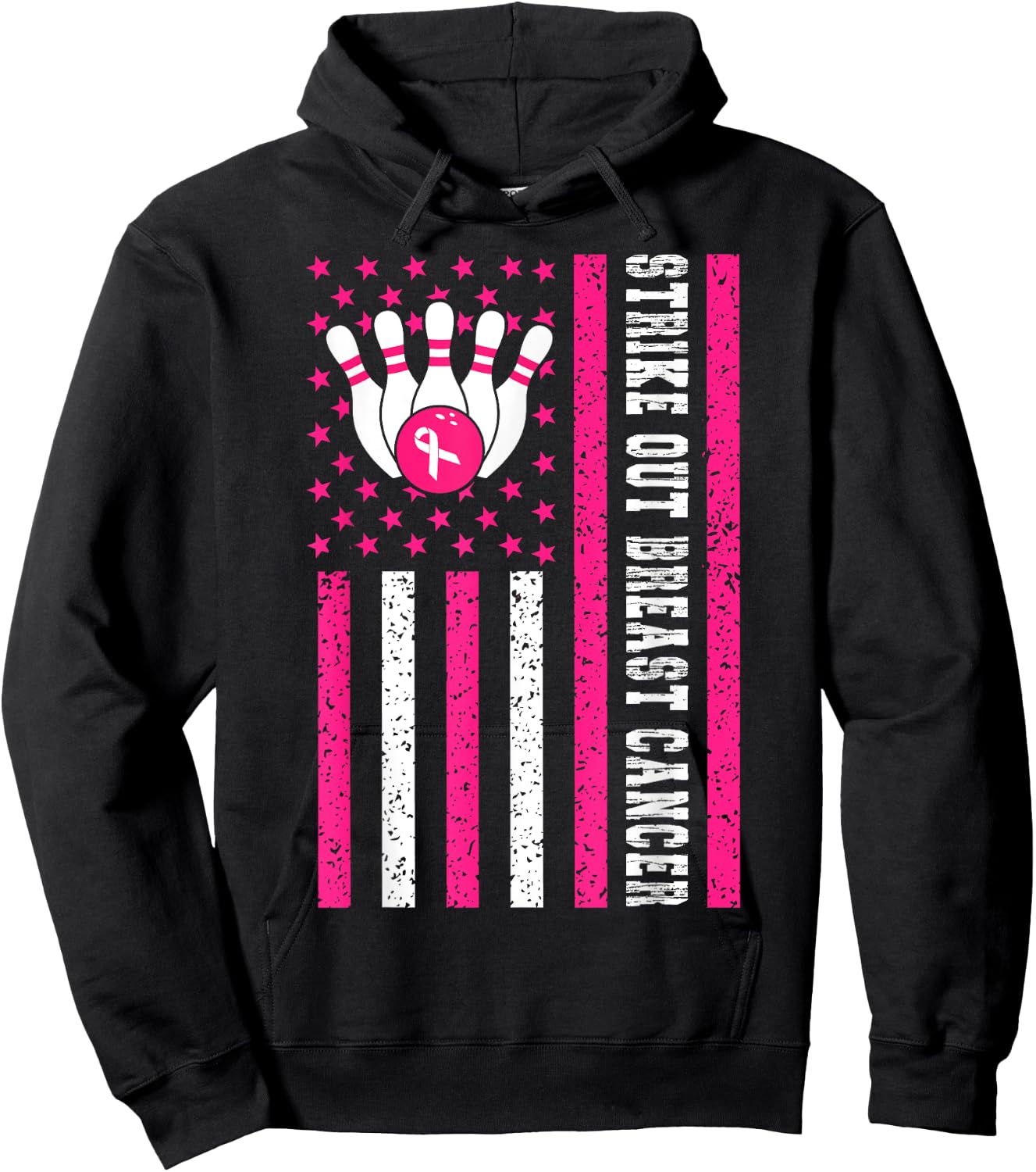 Strike Out Bowling Ribbon USA Flag Breast Cancer Awareness Hoodie - Hoodie | Black