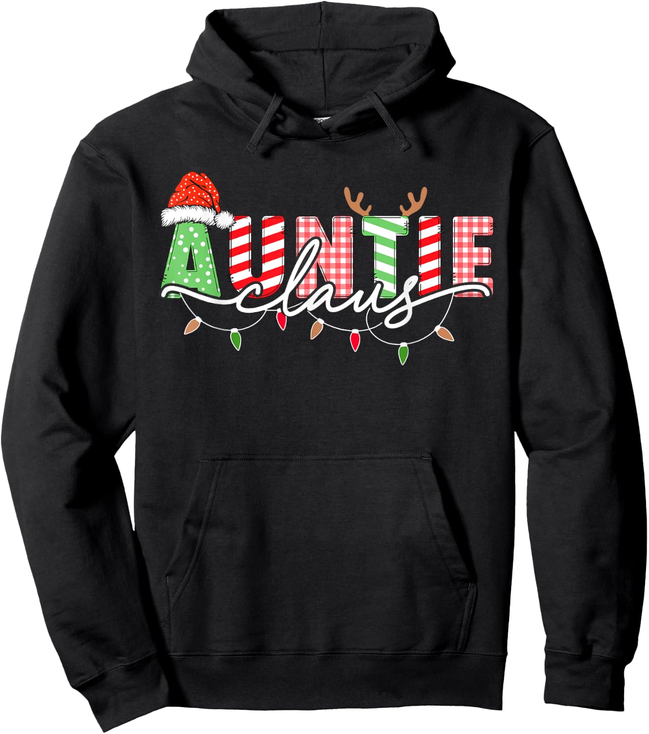 Auntie Claus Xmas Christmas Lights Pajama Family Matching Hoodie - Hoodie | Black
