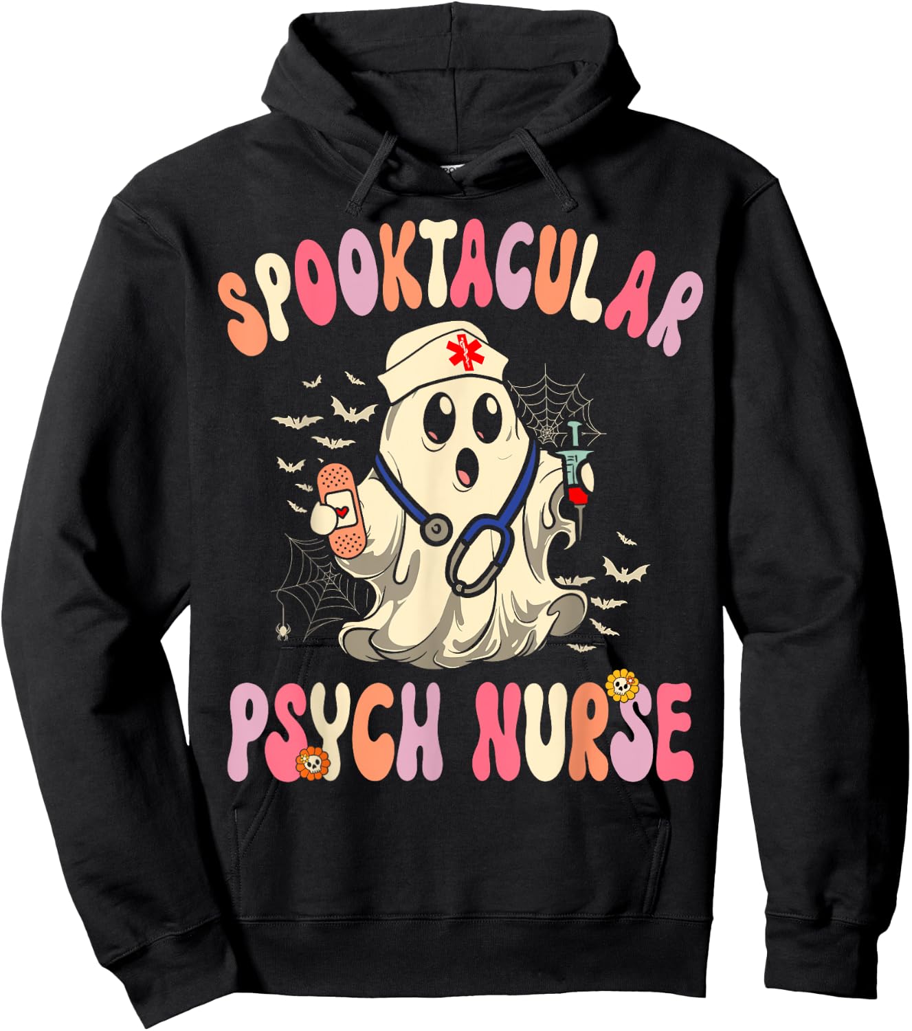 Spooktacular Psych Nurse Retro Halloween Ghost Nursing Hoodie - Hoodie | Black