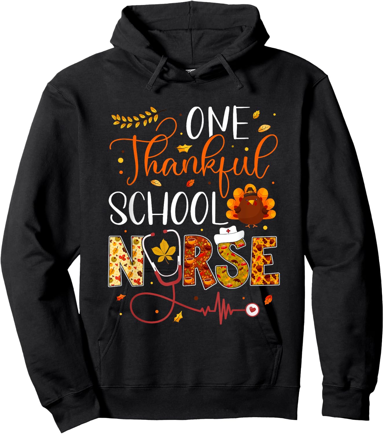 One Thankful School Nurse Thanksgiving Day Nurse Turkey Hoodie - Hoodie | Black