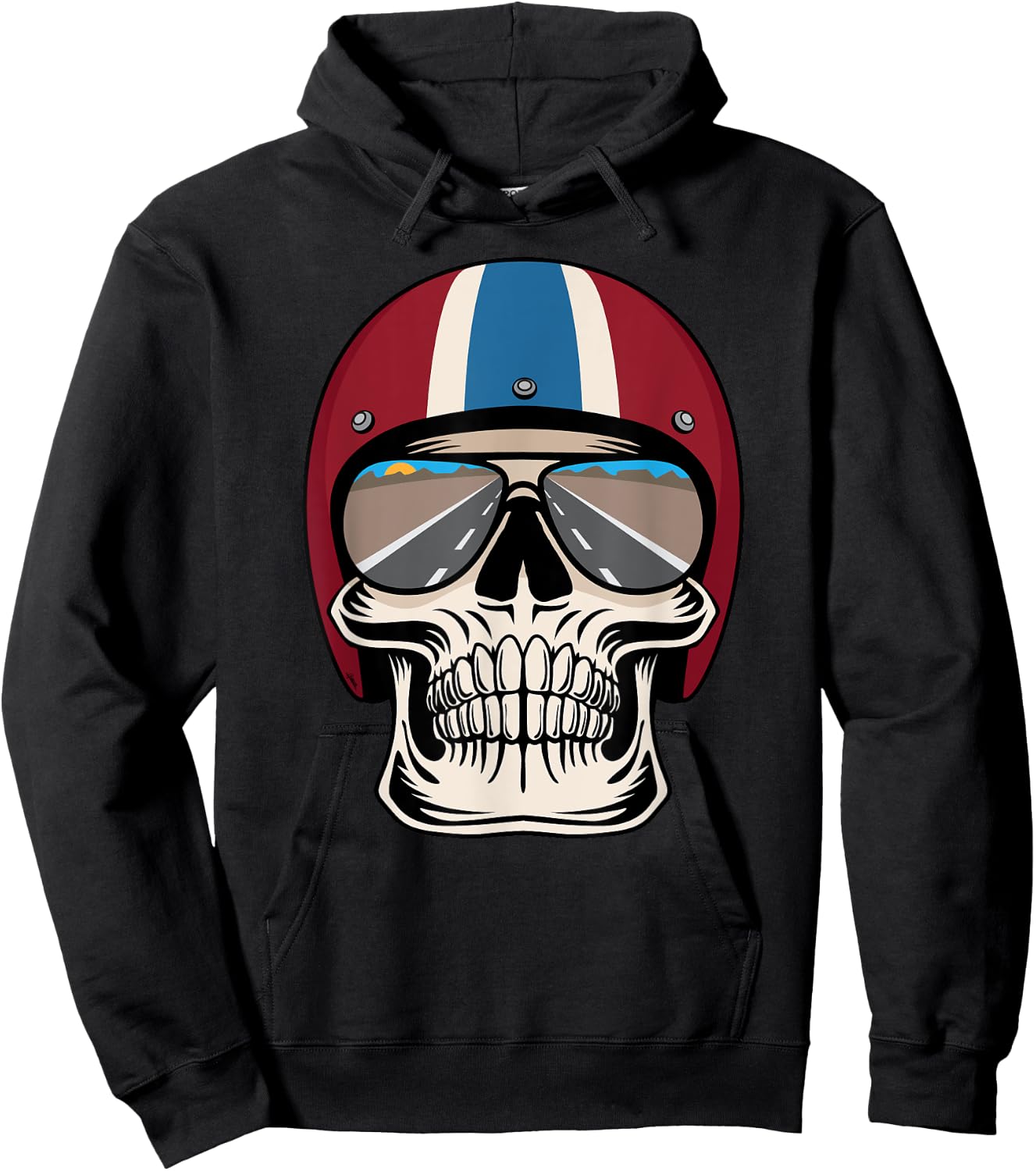 Retro Skull wearing Motorcycle Helmet and Sunglasses Design Hoodie - Hoodie | Black