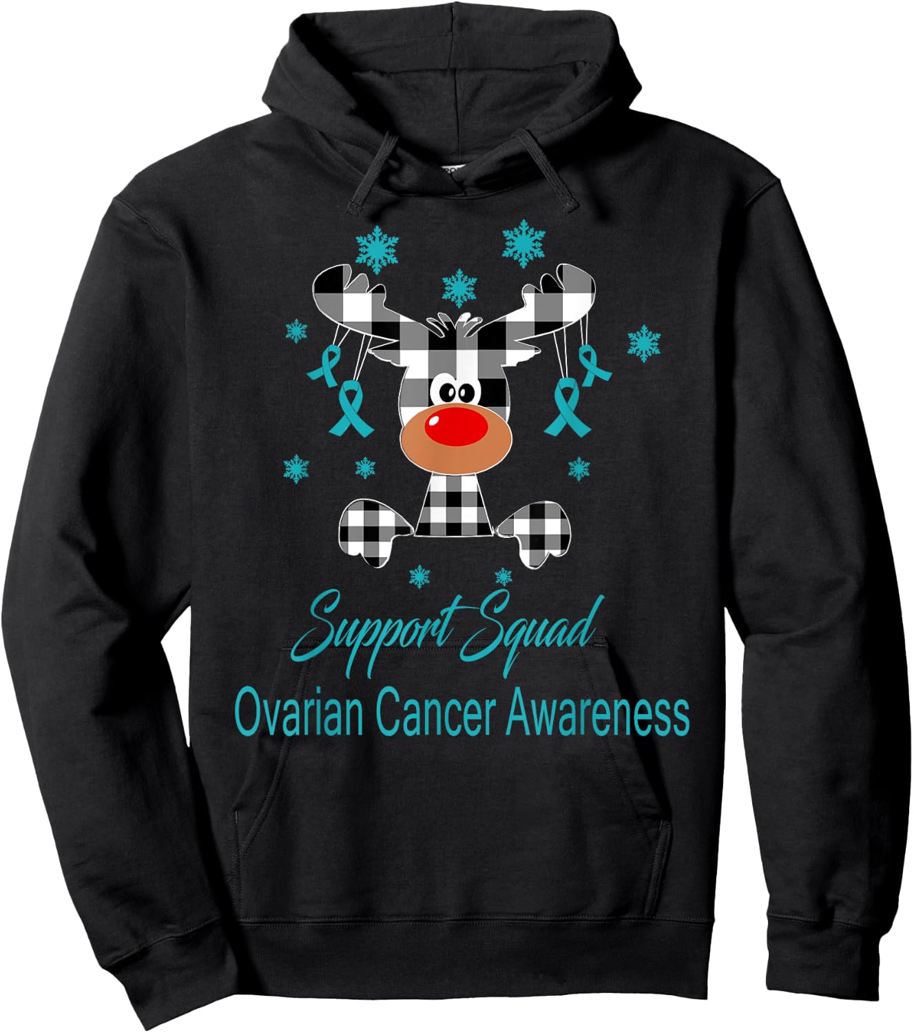 Ovarian Cancer Awareness Christmas Reindeer Teal Ribbon Hoodie - Hoodie | Black