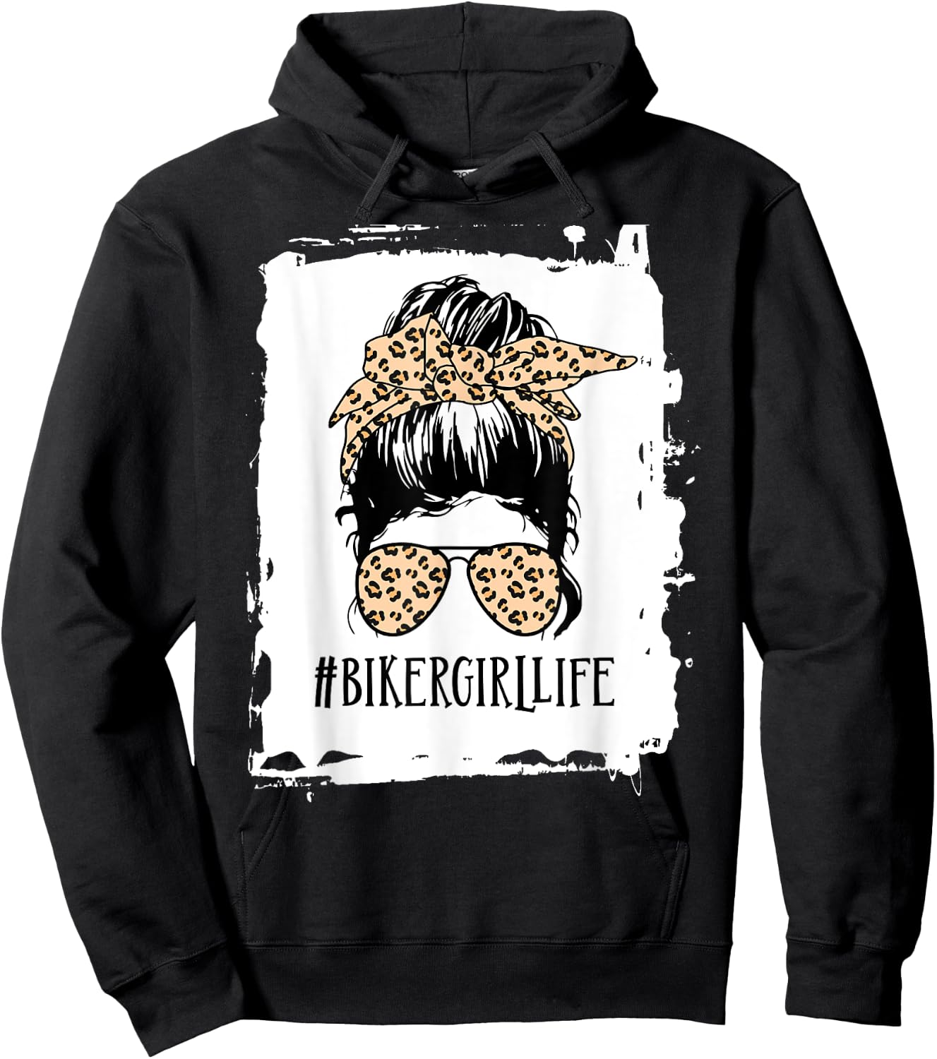 biker girl Life Messy Bun Leopard Hoodie - Hoodie | Black