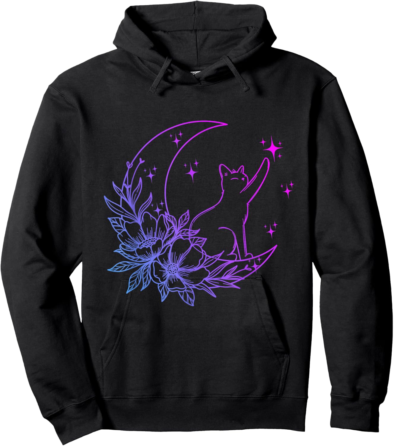 Cat Sitting On Crescent Moon Flowers Stars Women Girls Kids Hoodie - Hoodie | Black