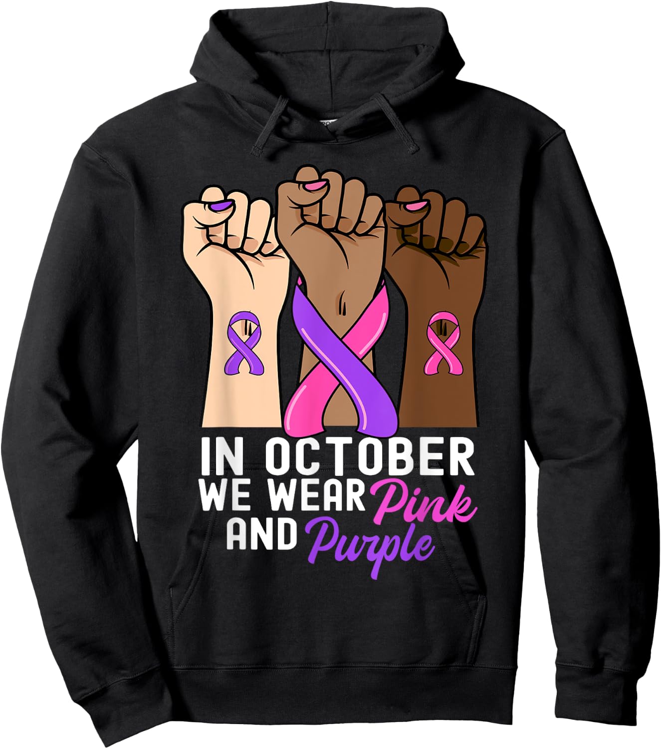 Breast Cancer Domestic Violence Awareness Pink Purple Ribbon Hoodie - Hoodie | Black