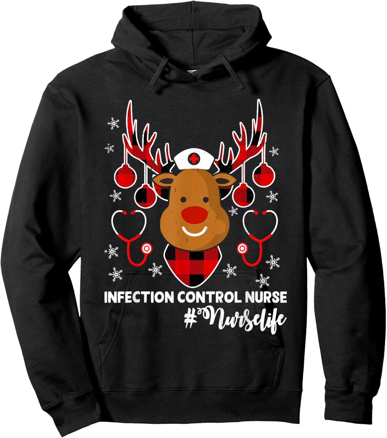 Holiday Xmas Infection Control Nurse Life Reindeer Christmas Hoodie - Hoodie | Black