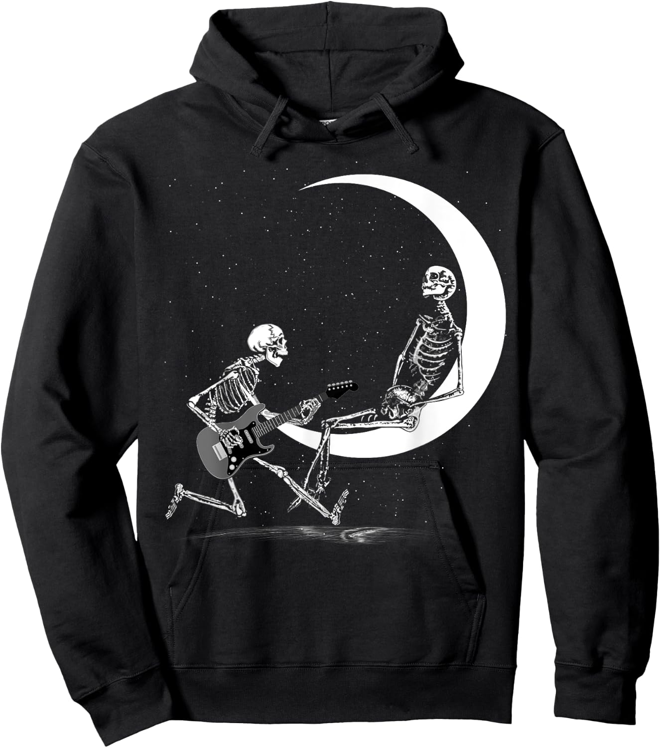 Funny Skeleton Band With Playing Guitar Moon Hoodie - Hoodie | Black