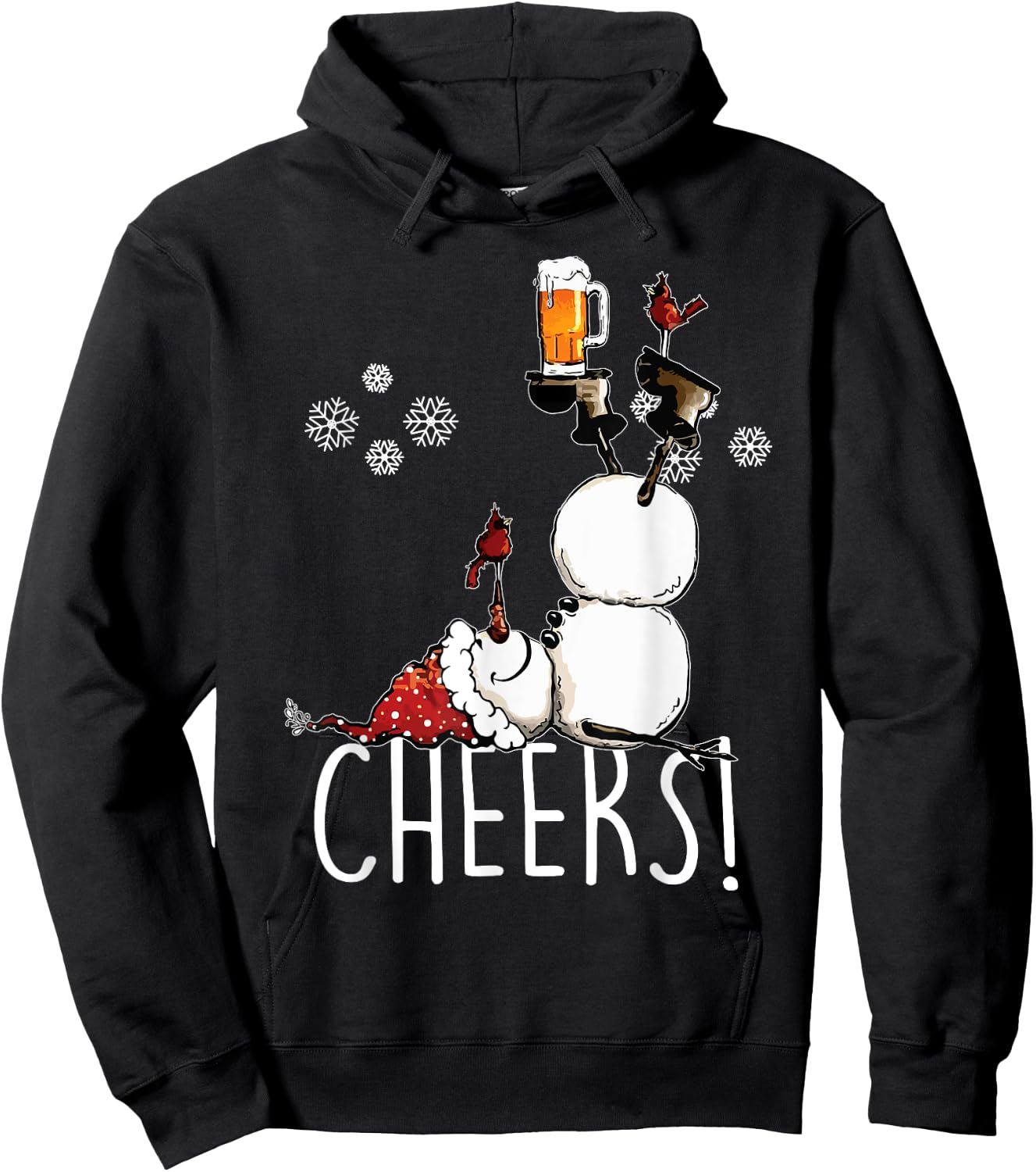 Cheers Snowman Beer and Wine Christmas Hoodie - Hoodie | Black
