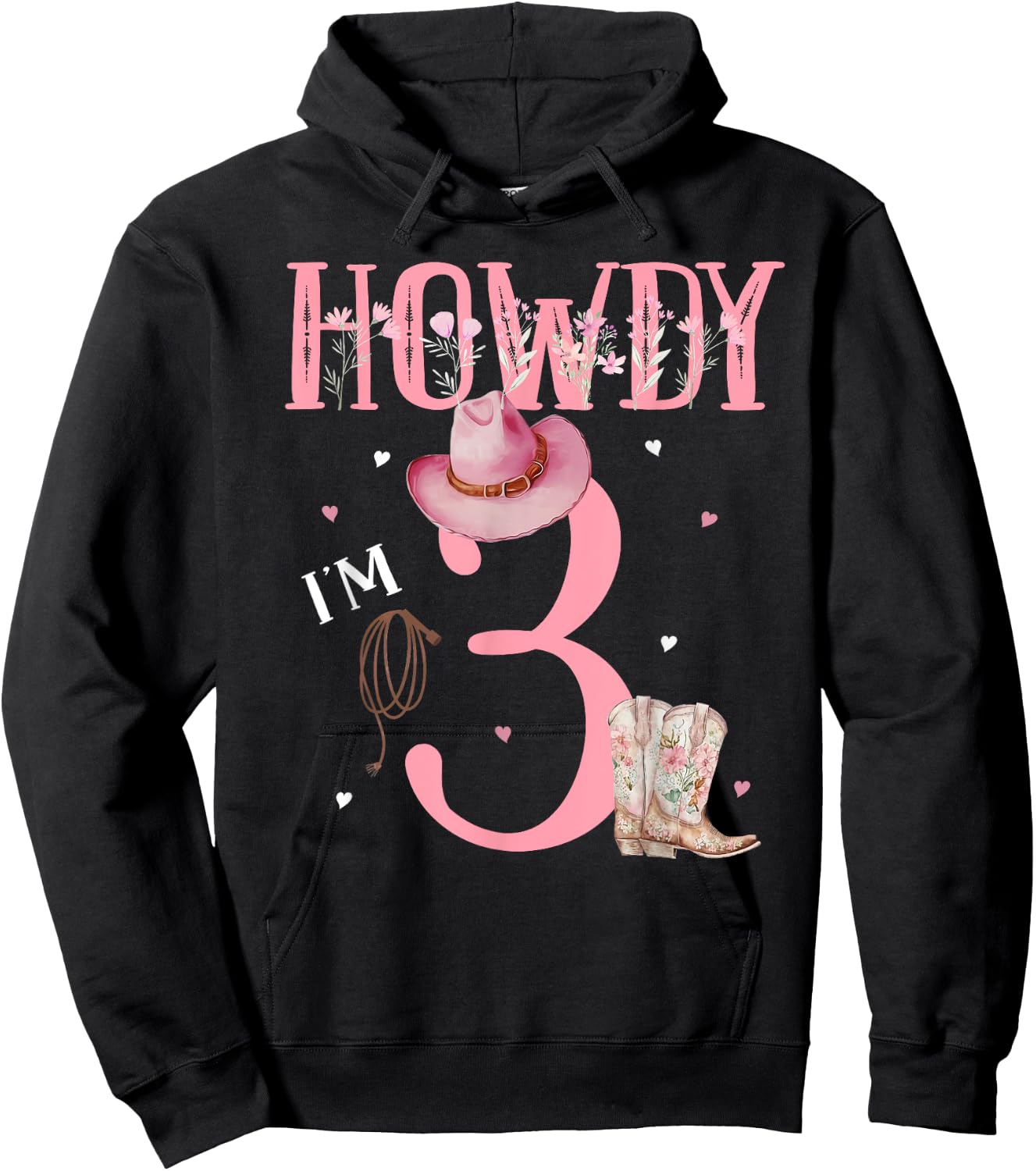 Howdy I'm 3 Cute Little Cowgirl Western Rodeo 3rd Birthday Hoodie - Hoodie | Black