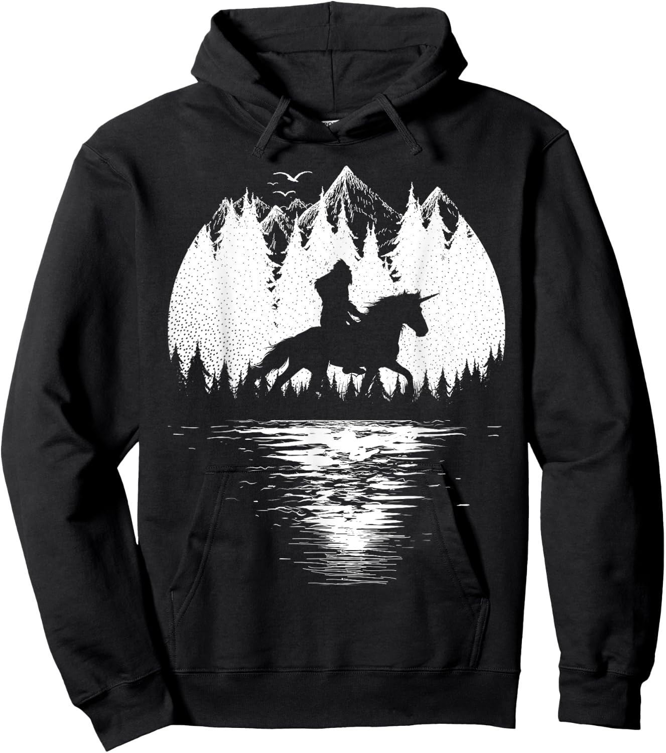 Bigfoot Riding Unicorn amidst Trees! Funny Sasquatch Unicorn Hoodie - Hoodie | Black